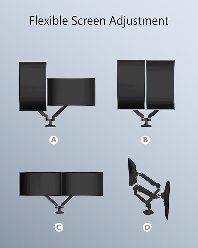 Dual Monitor Mount for 2 Screens up to 32 Inch and 19.8 lbs, Fully Adjustable Gas Spring Monitor Arm Desk Mount, Vesa Monitor Mount with C Clamp, Grommet Base, Aluminum, Black