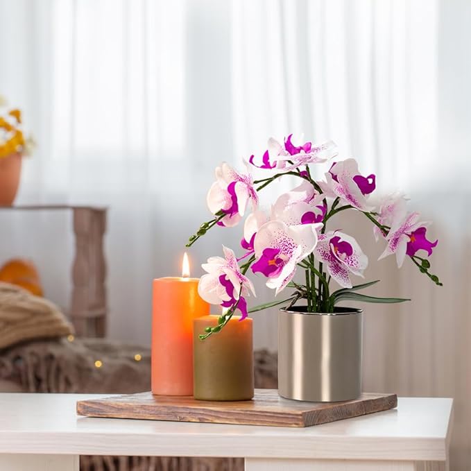 LESING Artificial Orchid Flower with Vase Realistic Orchids Faux Flower Fake Orchid Bonsai Plants in Pot Arrangement for Home Wedding Party Dining Table Centerpiece Decor (White Purple,Silver Vase)