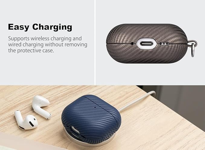Leather Case - for AirPods 4th Generation Case Cover with Keychain - Selected Skin-Friendly Leather, Carbon Fibre Texture, Handmade Drop Protective Hard Cover for AirPods 4 - Desert Titanium