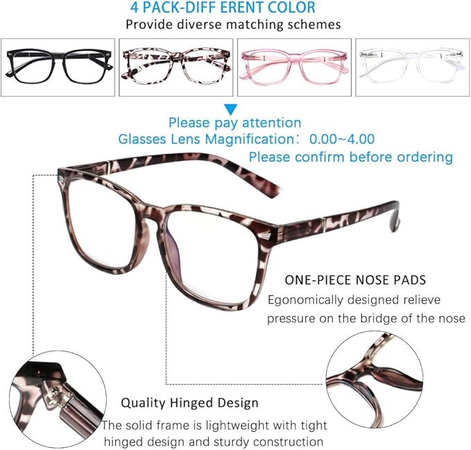 Henotin 4-Pack Blue Light Blocking Reading Glasses Women Men,Spring Hinge Computer Readers,Anti UV Ray Square Nerd Eyeglasses (Mixed Color, 1.75, Diopters)