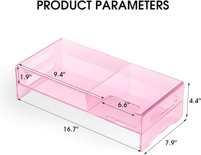 Pink Acrylic Monitor Stand Riser, 2-Tier computer stand with Storage, clear monitor stand for desk Suitable for laptops, printers, TV，desk organization With phone holder
