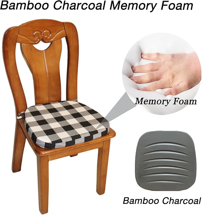 Chair Cushion with Ties for Dining Chair - Memory Foam No Slip Kitchen Chair pad and Dining Room Seat Cushion with Machine Washable Cover [16.5 X 16.2 Inches] - (Black White,4)