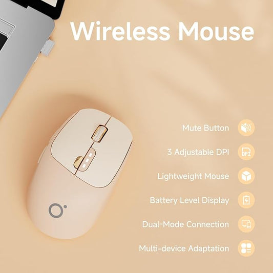 EWEADN Q5 Wireless Mouse, Bluetooth & 2.4G Quiet Computer Mouses with 1600 DPI, Battery Level Display, Ergonomic Office Mouse,6 Button Portable Cute Cordless Mice for Laptop/PC/Mac- Pink