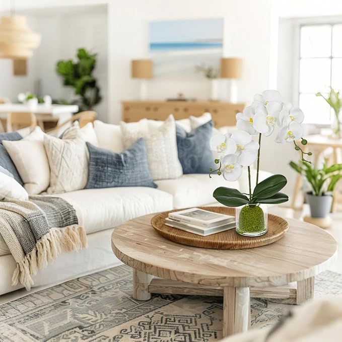 White Orchids Artificial Flowers 16.1" Faux Orchids Plant in Pot Fake Flower Arrangements with Glass Vases Small White Centerpieces for Kitchen Dining Room Tables Bathroom Nightstand Shelf Desk Decor