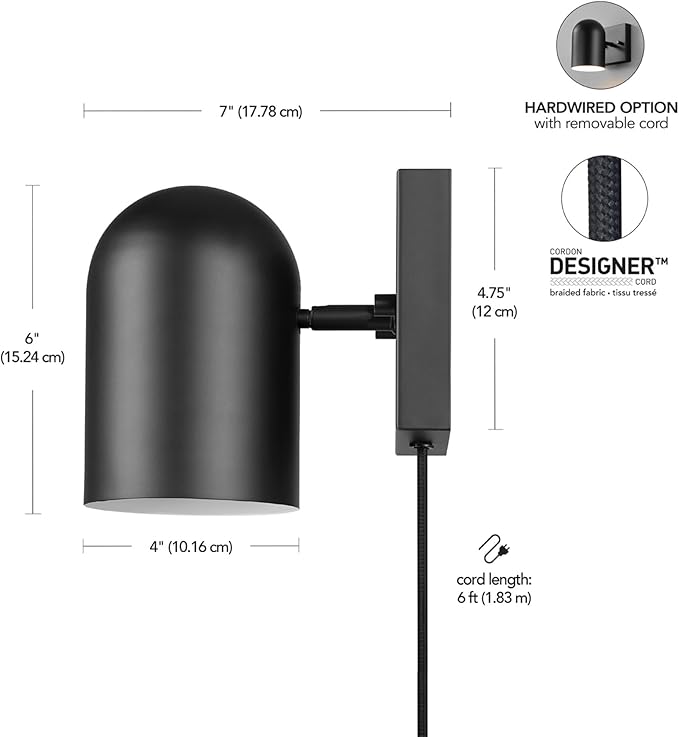 GLOBE Electric 65000098 1-Light Plug-in or Hardwire Wall Sconce, Matte Black, 6ft Braided Fabric Cord, in-Line Rocker Switch, Modern Lighting for Apartments or Renters, Lights for Living Room