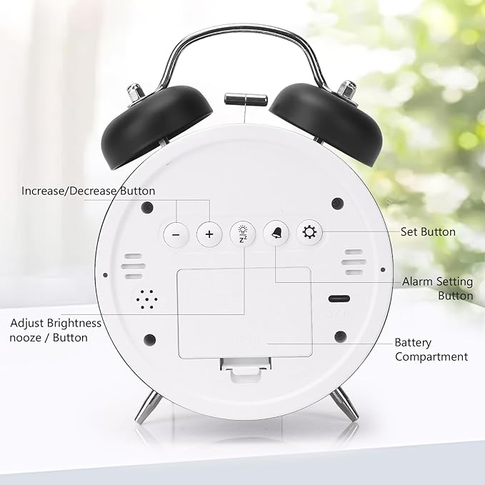 Digital Small Alarm Clock, 4.5 Inch Double Bell Electronic LED Alarm Clock, Plug in or Battery Operated Silent Metal Table Clock, Modern Loud Bedside Clock for Heavy Sleepers Adults Kids (Black)