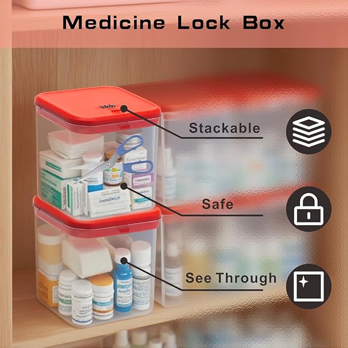 Clear Lockable Storage Box for Medicine Safe,Food Jar,Snacks,Phone - Secure Lock Box Refrigeator Container Bin Store Tank with Combination for Kitchen,Home,Office,Hospital (5.6×5.6×6.3 In) (Red)