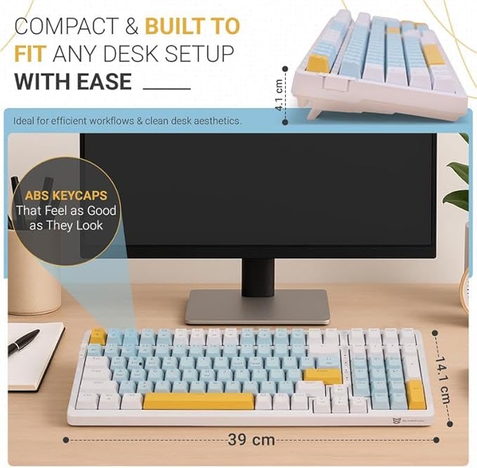 Qisan Wireless/Wired Mechanical Keyboard, Triple Mode 2.4G/USB-C/BT Wireless Gaming Keyboards, 100 Keys (98%) US Layout Red Switch Rechargeable Ice Blue Backlit Keyboard | Blue, Yellow & White