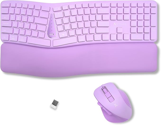 X9 Purple Ergonomic Keyboard Mouse Wireless Combo - Type Comfortably Longer - 2.4G/Bluetooth Split Keyboard, Multi-Device, Soft Wrist Rest, Rechargeable, Silent Ergo Keys - Laptop, PC, Mac,iOS,Android
