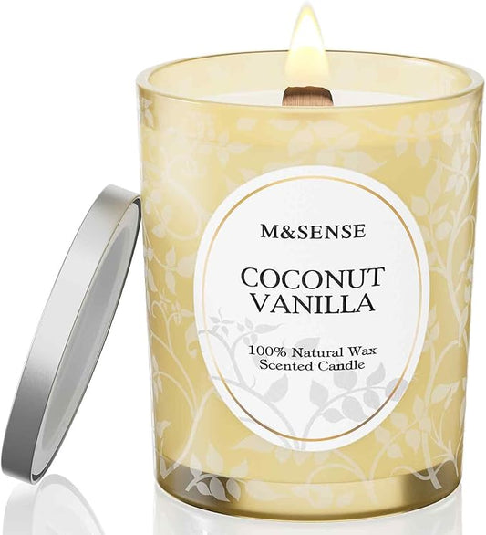M&SENSE Coconut Vanilla Scented Candle, Wooden Wick Candles with Lid, 100 Hours Long Burning No Toxin Natural Soy Wax 18oz, Relax Stress Relief Sleep Home Fragrance,Housewarming Gifts for Her Him