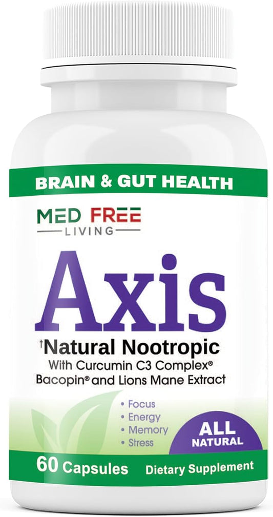 Axis Natural Brain Supplement with Curcumin C3 Complex, Bacopin, and Lion's Mane Extract - Brain & Gut Health Support, Focus, Energy, Stress Relief - 60 Capsules, All-Natural, Med Free Living (1)