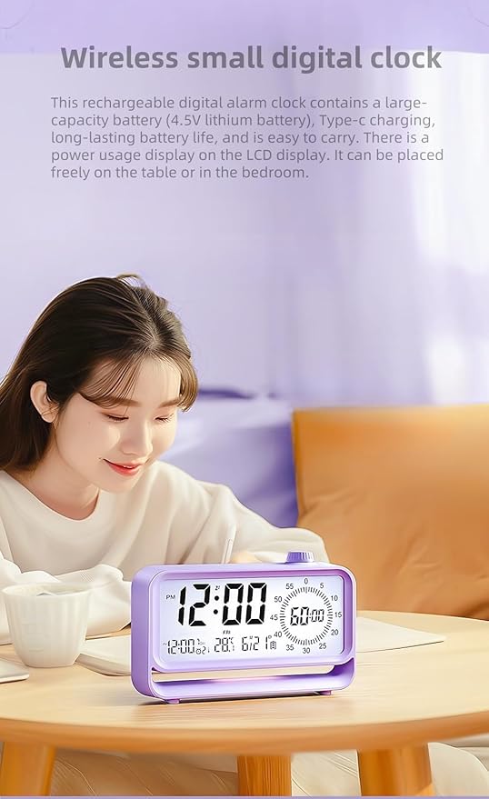 Digital Alarm Clock Night Light Visual Timer, LCD Time Reminder with 3 Alarms, Snooze,Temperature Display, Ideal for Family Education Teaching and Time Management Gifts for Kids (Purple)