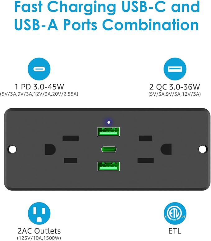 HHSOET 5 in 1 Recessed Power Strip Flat Plug, 45W Fast Charging Furniture Outlet with USB, Conference Recessed Socket with 2 AC Plugs, 2 USB Ports 1 USB-C, 10ft Power Cord. (Black)