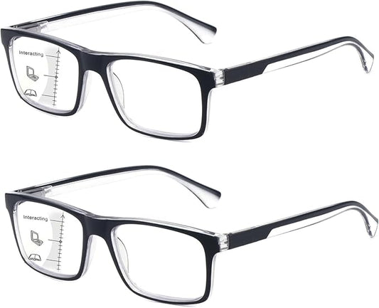 Missfive 2-Pack Mens Premium Multifocus Progressive Reading Glasses, Lightweight No-Line Trifocal Readers with Spring Hinge, Comfort Blue Light Blocking Eyeglasses For Near Range, 2.5x