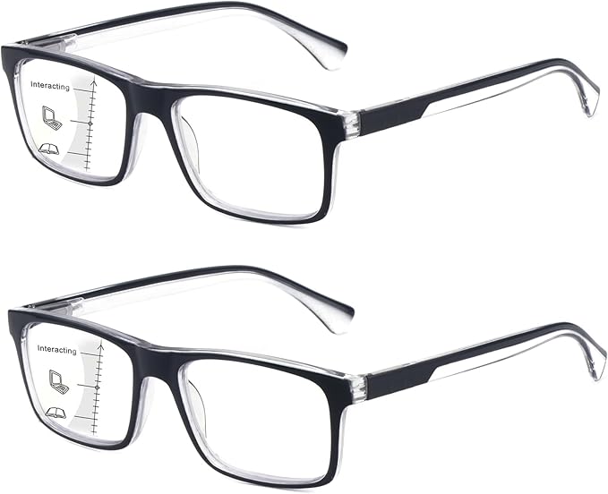 Missfive 2-Pack Mens Light Multifocus Progressive Reading Glasses Blue Light Blocking, Multifocal Spring Hinge No-Line Trifocal Readers Comfort Eyeglasses(Workspace For Near Range, Black, 3.0x)