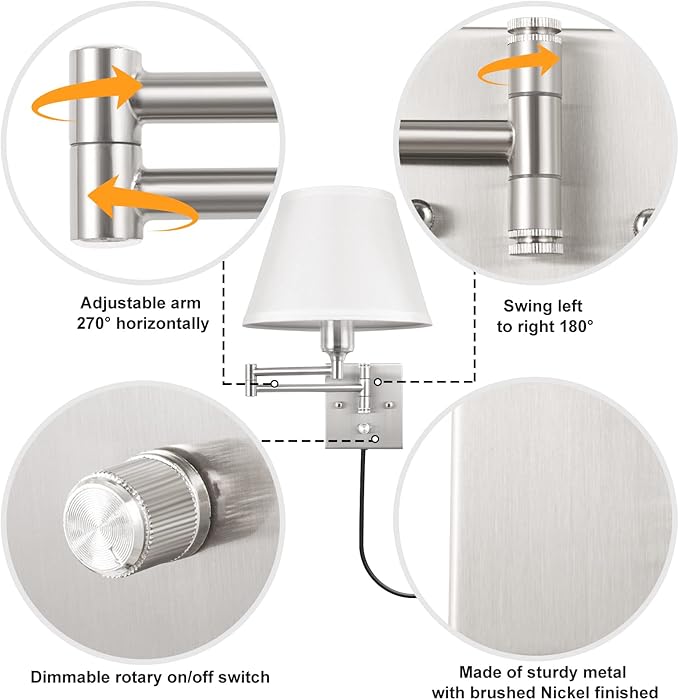 TRLIFE Wall Sconce Plug in, Dimmable Wall Sconces Set of 2 Brushed Nickel Swing Arm Wall Lights with Plug in Cord and On/Off Dimmer Rotary Switch, 9.4" Medium White Fabric Shade(2 Pack, 2 Bulbs)