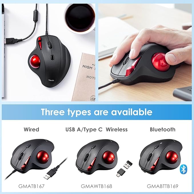 SANWA Wired Ergonomic Trackball Mouse, Optical Rollerball Mice, Programmable Silent Buttons, 34mm Trackball, 600/800/1200/1600 Adjustable DPI, Compatible with MacBook, Laptop, Windows, macOS