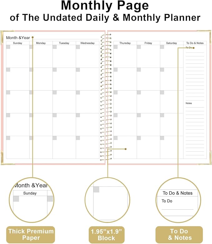 Undated Daily Monthly Planner for 2025 2026 - A4 To Do List with Hourly Schedule, Hardcover Spiral Bound Daily Planner to Increase Focus, Stylish School/Office Supplies, 8.5" x 11", Pink