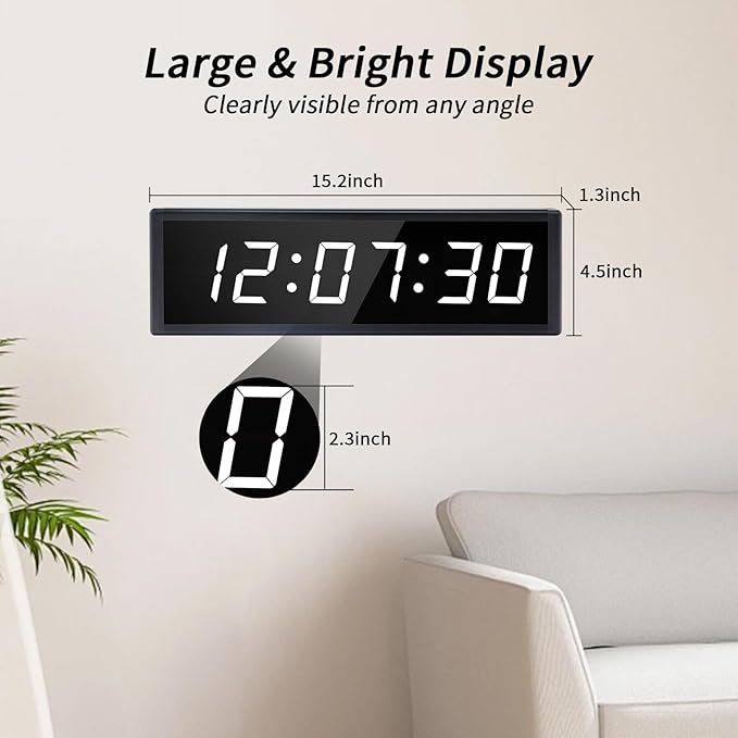 Large Digital Wall Clock with Remote Control, LED Stopwatch Timer, Countdown,Count Up, 12/24 Hour Switchable Time Clock for Home Gym Living Room Office Garage Decor (RGB, 15.2" x 4.5")