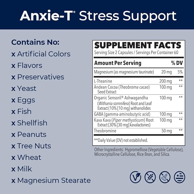 Anxie-T - Stress Relief Supplement - Supports Mood & Mental Focus - Feel Calm and Relaxed - Eases Tension & Nervousness - Ashwagandha, Kava Kava, GABA & L-Theanine - 120 Capsules