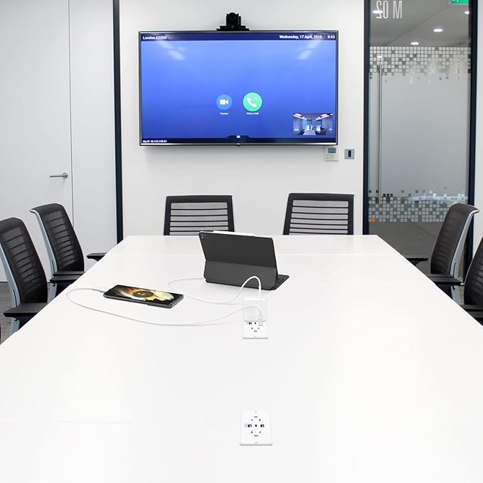 HHSOET 5 in 1 Recessed Power Strip Flat Plug, 20W Fast Charging Furniture Outlet with USB, Conference Recessed Socket with 2 AC Plugs, 2 USB Ports 1 USB-C, 10ft Power Cord. (White)