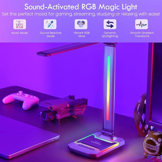 WILIT Gaming Desk Lamp,Music Sync Color Changing Rhythm Light with Wireless Charger and USB Charging Port, LED RGB Ambient Light, Aluminum Alloy Body Touch Table Lamp for PC, Room Decoration(Black)