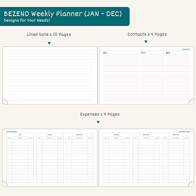 BEZEND 2026 Planner Weekly and Monthly (9" x 5.5") Horizontal Calendar Book with Vertical Hourly Timeslots & Note (Jan-Dec) Pen Holder, Inner Pocket, Casebound Vegan Leather Hardcover - Evergreen