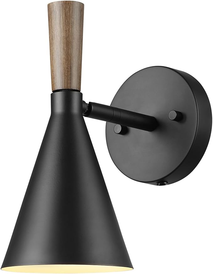 GLOBE Electric 65000101 Plug-in or Hardwire Wall Sconce, Matte Black Finish, Wood-Toned Switch, Metal Shade, 6-Foot Cord, E26 Base, Easy Installation