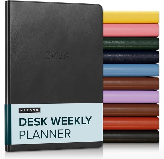 Harbor Desk Weekly Monthly Planner 2025-2026 - Calendar Planner and Notebook, Durable Faux Leather, 192 Pages, Softcover & Book Bound - Cambridge Black - 8x5.5"