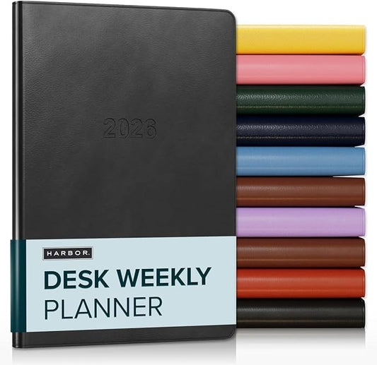 Harbor Desk Weekly Monthly Planner 2025-2026 - Calendar Planner and Notebook, Durable Faux Leather, 192 Pages, Softcover & Book Bound - Cambridge Black - 8x5.5"