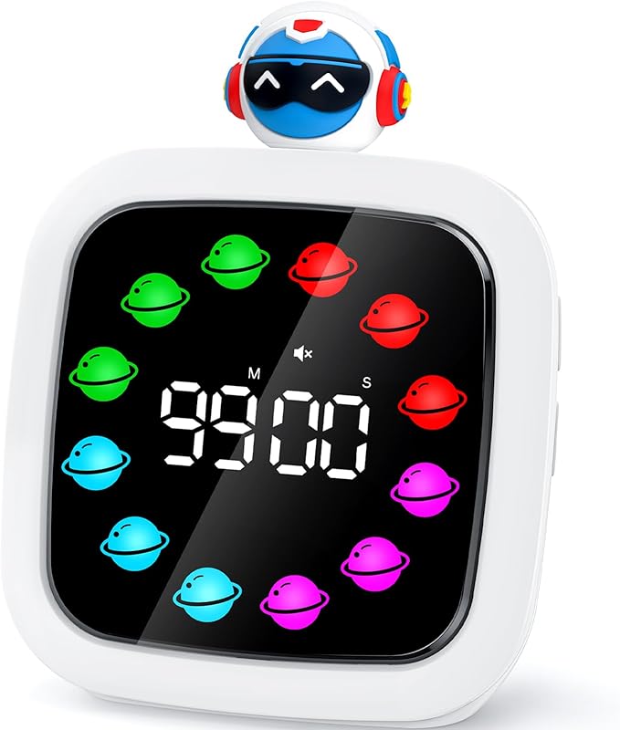 Yunbaoit Digital Visual Timer for Kids, Rechargeable 99-Minute Silent Countdown Timer with 19 Ringtones, 9 Optional DIY Color Planet Display, Time Management Tool with Pause Function (Robot)
