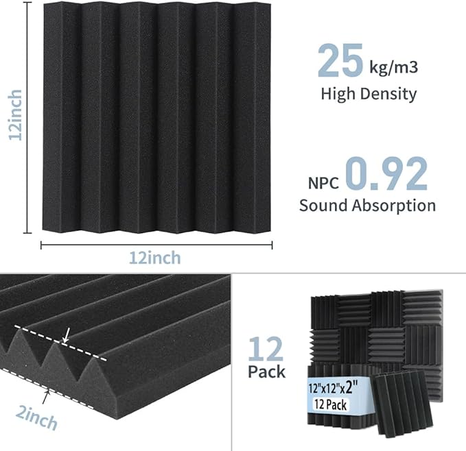 GUERRI 12 Pack Sound Proof Foam Panels for Walls 2" x 12" x 12" Wedges Acoustic Panels Sound Absorbing High Density Fire Resistant Acoustic Foam Sound Panels for Home Studio