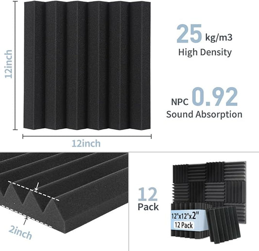 GUERRI 12 Pack Sound Proof Foam Panels for Walls 2" x 12" x 12" Wedges Acoustic Panels Sound Absorbing High Density Fire Resistant Acoustic Foam Sound Panels for Home Studio
