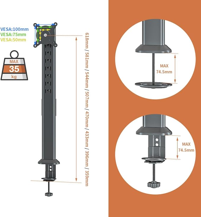 HEMUDU Single Tall Desk Monitor Arm Mount Stand Fit for 27 inch to 42 inch Flat Curved Computer Screen with Swivel, Height Adjustable, Rotation,Holds up to 77lbs, Black