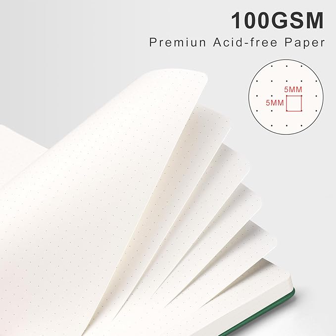 AHGXG Bullet Dotted Journal Spiral Notebook 8.5" x 11", Large A4 Leather Hardcover Dotted Notebook, 100 GSM Thick Dot Grid Paper, Inner Pocket, for Bullet Journaling, Green