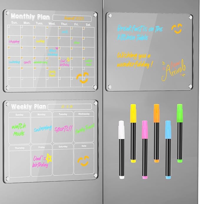 DIYMAG Planning Pads 3Pack Acrylic Magnetic Dry Erase Calendar for Fridge, Clear Skylight Calendar Set 2025 Magnetic Weekly Monthly Memo Planner Board for Refrigerator with 6 Colors Markers