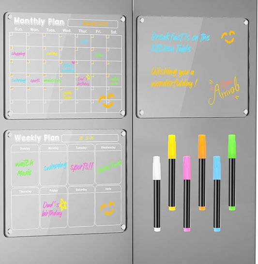 DIYMAG Planning Pads 3Pack Acrylic Magnetic Dry Erase Calendar for Fridge, Clear Skylight Calendar Set 2025 Magnetic Weekly Monthly Memo Planner Board for Refrigerator with 6 Colors Markers