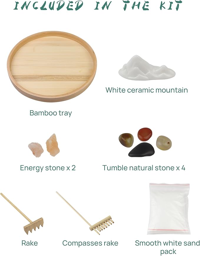 Melonva Japanese Zen Garden for Desk - Static Mountain 10" x 10" Desktop Mini Zen Garden with White Sand Artificial Tree Rocks Rakes & Accessories - Meditation Zen Gifts Sand Garden Kit for Office