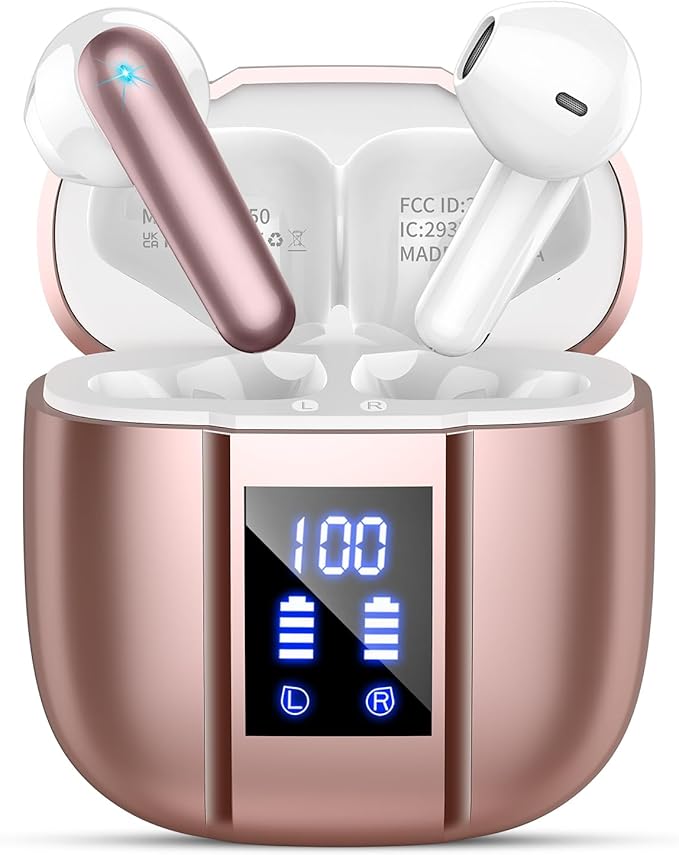 Wireless Earbuds, Bluetooth 5.4 Headphones, 48H, Stereo Ear Buds, LED Display Earphones with Mic, IP7 Waterproof In EarBud, Comfort Fit, Bluetooth Earbuds for Phone Android iOS, Sport, Walk, Rose Gold