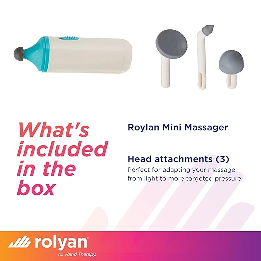 Rolyan Mini Massager with Battery, Handheld Compact Massager with Interchangeable Heads Reduces Scar Visibility, Quiet Vibration, Ergonomic Grip, Portable for On-the-Go Use, Battery Operated