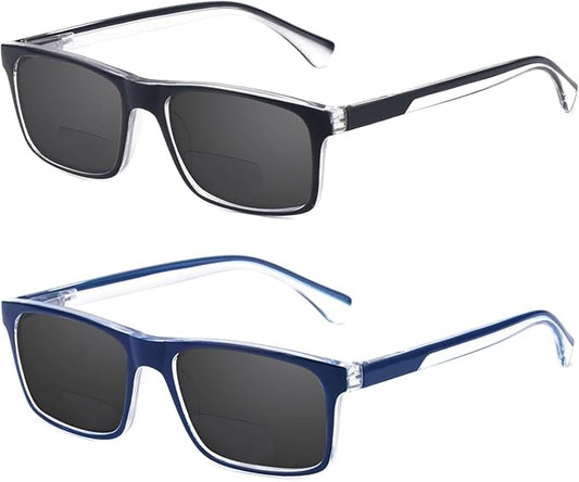 Missfive 2 Pack Light Bifocal Sun Reading Glasses for Men, Blue Light Blocking Near/Far Dual-use Spring Hinge Sun Readers, Anti UV/Eye Strain Comfort Premium Sunglasses, 1.5x