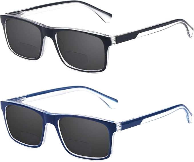 Missfive 2 Pack Light Bifocal Sun Reading Glasses for Men, Blue Light Blocking Near/Far Dual-use Spring Hinge Sun Readers, Anti UV/Eye Strain Comfort Premium Sunglasses, 1.75x