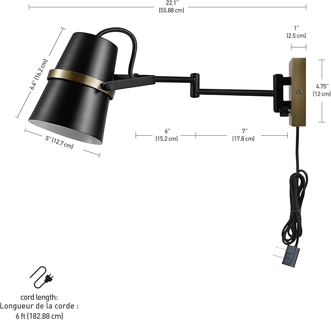 GLOBE Electric 51345 1-Light Plug-in or Hardwire Swing Arm Wall Sconce, Matte Black, Brass Accents, 6ft Black Woven Fabric Cord, Flat Plug, Rotary On/Off Switch, Wall Lighting, Bulb Not Included