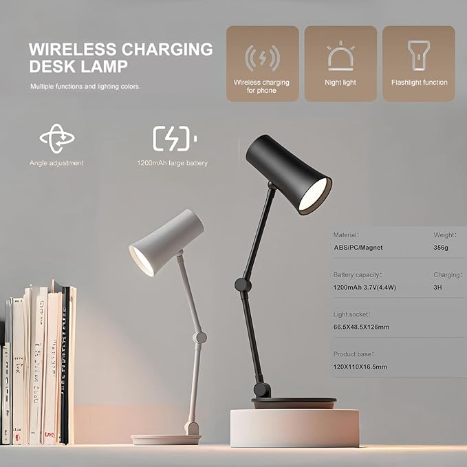 Fay Bless Portable Wireless Charging Desk Lamp with Ambient Lighting - Magnetic Rechargeable LED Light for Reading,Study,Working (White)