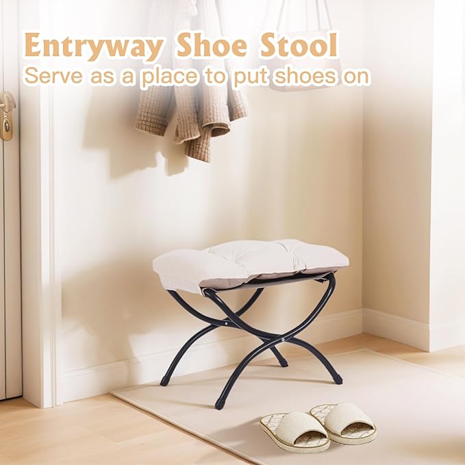 Welnow Folding Foot Stool, Upholstered Small Accent Ottoman with Detachable Thick Cotton Cushion Padded Sofa Stool and Metal Frame for Lazy Chair, Living Room, Bedroom, Beige