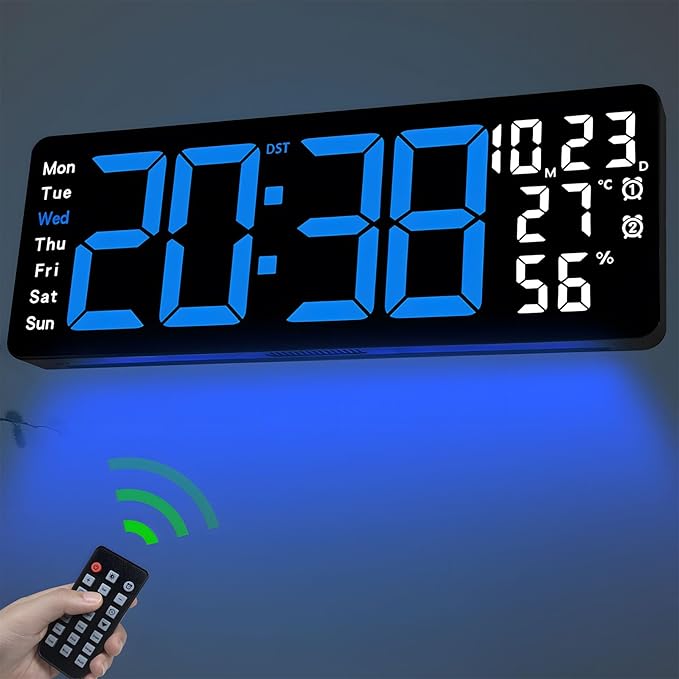 JoFomp 17.3" Large Digital Wall Clock, LED Digital Clock Large Display with Remote Control, Alarm Clock with Temp/DST/Dimmer/Humidity/Timer/Ambient Light - 12/24H, Alarm Wall Clock for Bedroom