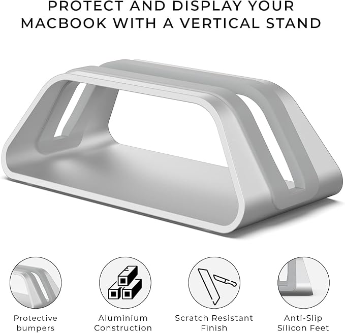 HumanCentric Vertical Laptop Stand Compatible with MacBook Pro and MacBook Air, Holder for Personal Computer Desk Stand, Aluminium, Exchangeable Inserts to Fit Different Device Models, Silver
