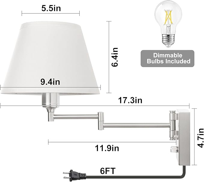 TRLIFE Wall Sconce Plug in, Dimmable Wall Sconces Set of 2 Brushed Nickel Swing Arm Wall Lights with Plug in Cord and On/Off Dimmer Rotary Switch, 9.4" Medium White Fabric Shade(2 Pack, 2 Bulbs)