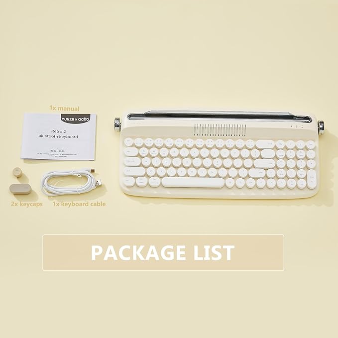 YUNZII Upgraded Wireless Typewriter Keyboard,with Retro Integrated Stand,USB-C/Bluetooth,Cute Round Keycaps, USB-C/Bluetooth Connection for Table, Phone, PC and Win/Mac/Android (B309, Ivory Butter)