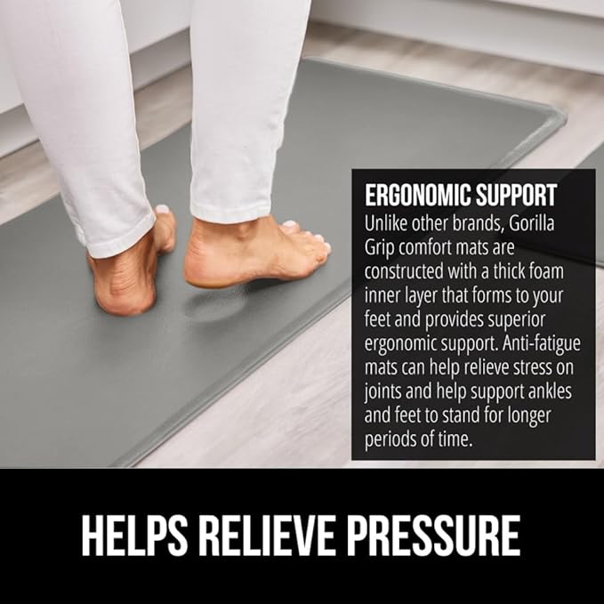 GORILLA GRIP 2 Pack Comfortable Cushioned Kitchen Mats for Floor, 17x24 + 17x48, Waterproof and Stain Resistant, 1/2 Inch Thick Soft Ergonomic Standing Desk Anti Fatigue Mat, Foam Supports Feet, Gray